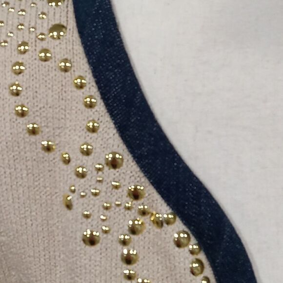 St John Collection classic beige w indigo blue trim cardigan/ jacket size 10 NWT - Picture 3 of 6